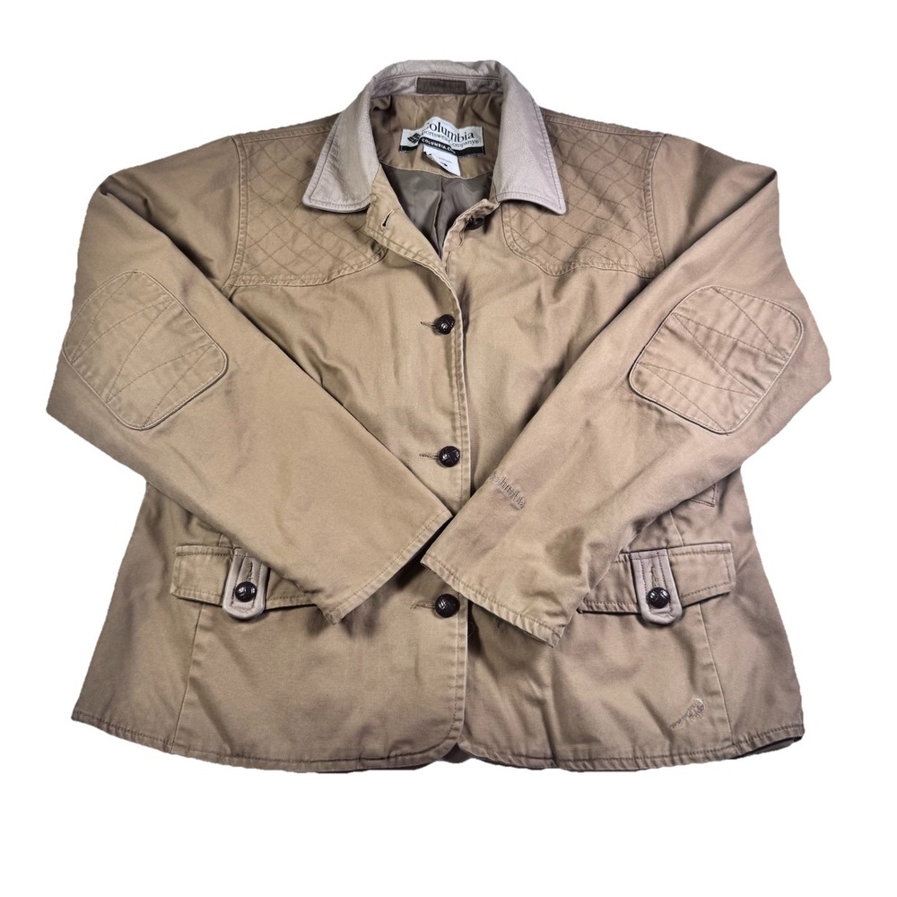 Columbia Field Jacket Womens Med Tan Quilted Shoulder Elbow Patches Barn Hunting